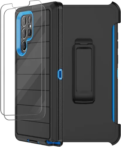 Vista 12 de Funda para Samsung Galaxy S22 Ultra con funda de clip para cinturón, 2 protectores de pantalla, protección de grado militar resistente, cuerpo Negro