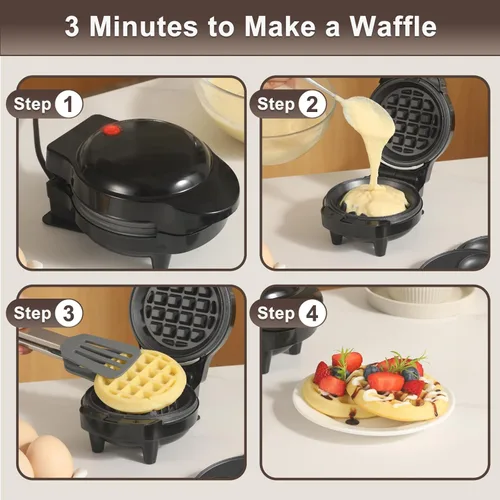 Vista 4 de UVFAST Mini Fabricante de Waffles con 6 Placas Removibles, Mini Fabricante de Waffles Pequeño 3 en 1, Waffle en Forma de Corazón, Donut, Plancha