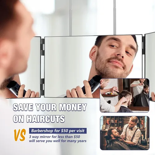 Vista 3 de Dripex Espejo de 3 vías para hombres o mujeres, espejo de 360° triple para corte de pelo automático con ganchos ajustables en altura