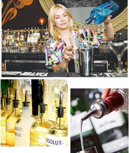 Vista 7 de 48 piezas de boquilla de acero inoxidable para botellas clásicas, vertedores de licor de boquilla cónica con tapas de goma para botella de 1