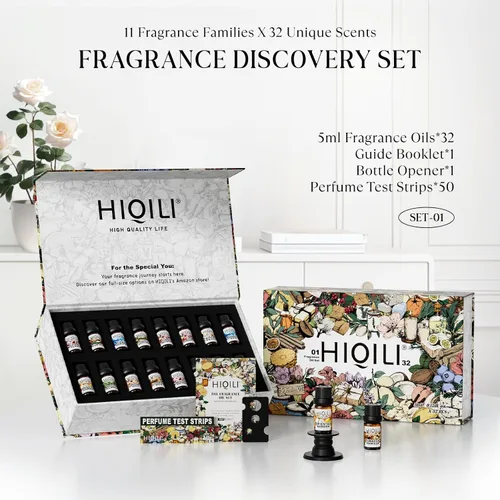 Vista 2 de HIQILI Discovery - Juego de aceites aromáticos - 32 aromas prémium para difusores de aceites esenciales, fabricación de velas y jabón, perfume