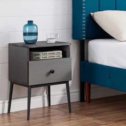 Vista 4 de VECELO Mesitas de noche modernas, mesa auxiliar cuadrada con cajón y espacio de almacenamiento para dormitorio y sala de estar