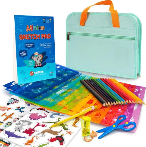 Mimtom Kit de plantillas de dibujo para niños, juego de arte de 51 piezas con más de 240 formas, bloc de bocetos y lápices de colores para Azul