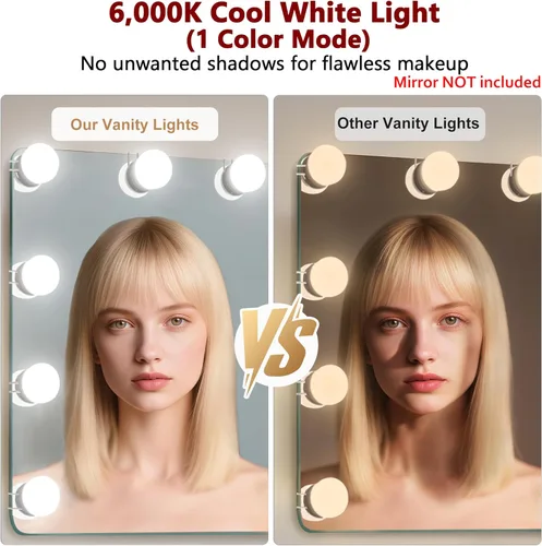 Vista 3 de Waneway Luces de tocador de 14 bombillas para espejo, adaptador de corriente enchufable y atenuador táctil, 6,000 K, 1350 lúmenes