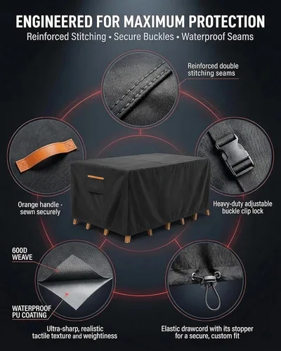 Vista 6 de Cubierta impermeable para muebles de exterior, juego de mesa y silla rectangular de 600D resistente de 64 pulgadas de ancho x 52 pulgadas de largo x