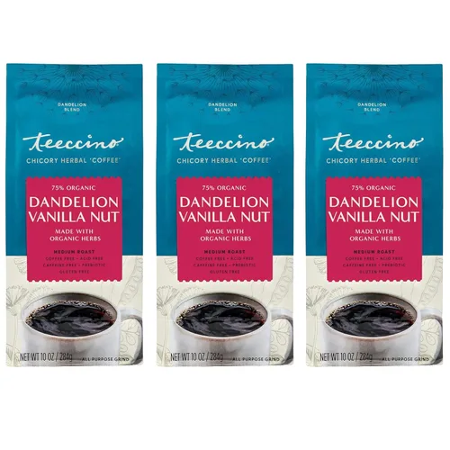 Vista 8 de Teeccino Alternativa de Café de Achicoria Diente de León Arándano Vainilla - Café Herbal Molido que es Prebiótico, Sin Cafeína y Sin Ácido, Tostado