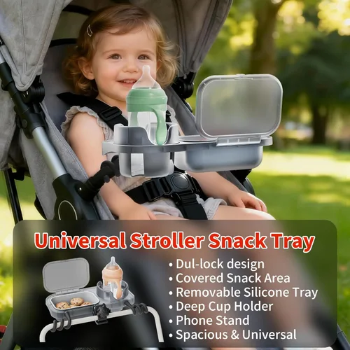Vista 2 de Bandeja Universal para Cochecito, Portavasos 3 en 1 con Abrazadera y Brazos de Silicona y Bandeja de Silicona Desmontable, Accesorio de Bandeja