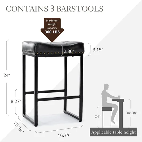 Vista 23 de LUE BONA Taburetes de bar de altura de mostrador de 24 pulgadas, juego de 3, moderno taburete de cuero sintético sin espalda con patas de metal