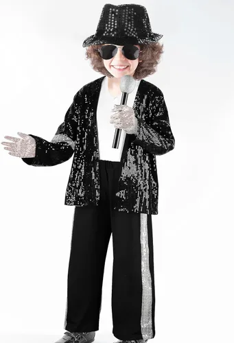 Vista 7 de AOTHSO 8 piezas de disfraz de baile de los años 80 para niños, trajes de baile pop de los años 90 con gafas, sombrero, guantes, micrófono
