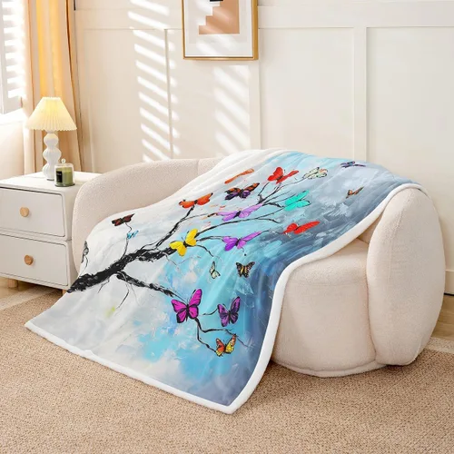 Vista 4 de Colorful Butterfly Fleece Flannel Blanket,Rustic Tree Butterflies Bed Sofa Couch Blanket,50"x60",Retro Blue Tie Dye Fuzzy Soft Fleece Throw Blankets