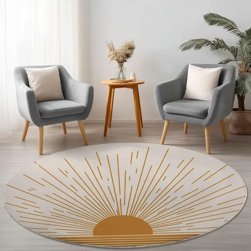 Vista 2 de Bath Mat Round Rug 2 ft, Boho Sun Line Mandala Washable Circular Rugs, Non Slip Absorbent Beige Circle Area Carpet for Kitchen Living Room Bedroom