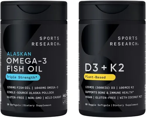 Sports Research® Aceite de pescado Omega 3 Triple Strength 1250mg EPA y DHA de Wild Alaska Pollock Burpless Suplemento de origen sostenible y