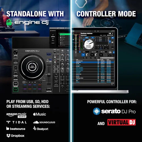 Vista 3 de Denon DJ SC LIVE 4 Controlador de DJ independiente con separación de Stem en 4 plataformas, transmisión Wi-Fi, altavoces incorporados, compatible