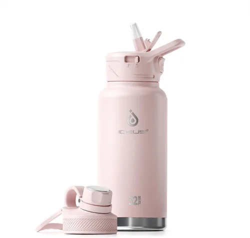 Vista 48 de IDEUS Botella de agua aislada de acero inoxidable con 2 tapas a prueba de fugas, termo para senderismo, ciclismo, 32 onzas, violeta