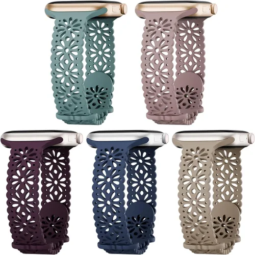 Vista 8 de 5 Pack Slim Lace Silicone Compatible for Apple Watch Band 38mm 40mm 41mm 42mm 44mm 45mm 46mm 49mm, Thin Hollow-out Breathable Strap for iWatch Ultra