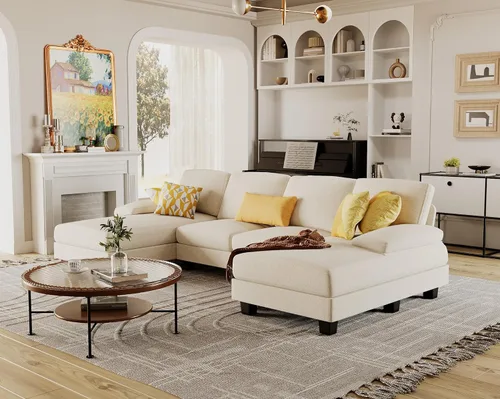 Vista 6 de Furmax Sofás Seccionales para Sala de Estar, Sofá en Forma de U con Tela de Lino, Juego de Sofá de 4 Asientos con Chaise Doble para Apartamento