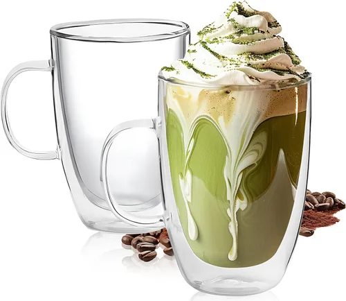 YMMIND Juego de 2 tazas de café de vidrio de doble pared de 16 onzas, tazas de café de capa aislante con asa, taza de espresso de vidrio