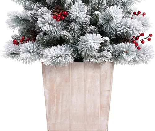 Vista 8 de Haute Decor Ashcroft - Árbol de Navidad artificial en maceta de abeto esmerilado preiluminado de 4 pies con 100 luces LED blancas suaves