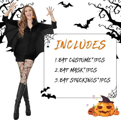 Vista 3 de Disfraz de murciélago para mujer, incluye disfraz de murciélago para mujer, máscara de murciélago para adultos, medias de seda de murciélago
