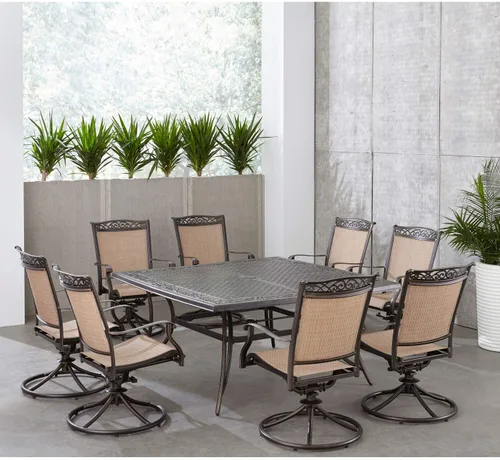 Vista 2 de Hanover Fontana - Juego de comedor al aire libre de 9 piezas, de aluminio resistente al óxido, para 8 personas con balancines giratorios y mesa