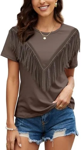 PESION Camisas de manga corta con flecos para mujer, blusa con ribete de borlas