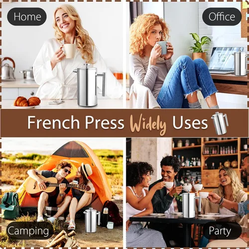 Vista 6 de Cafetera de prensa francesa de 34 onzas, 33.8 fl oz de acero inoxidable con doble aislamiento, cafetera de 8 tazas de café expreso, olla portátil