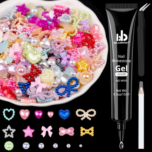 Vista 7 de 1200 piezas de dijes de uñas 3D con formas múltiples y perlas de base plana, estilos mixtos blanco y rosa, corazones, estrellas, lazos, girasoles