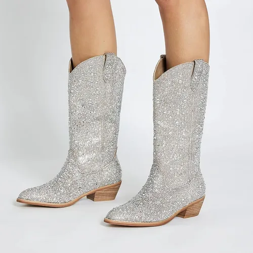 Vista 5 de MUCCCUTE Botas vaqueras con diamantes de imitación para mujer, puntera puntiaguda, tacón de 2.0 in, botas altas hasta la rodilla, botas