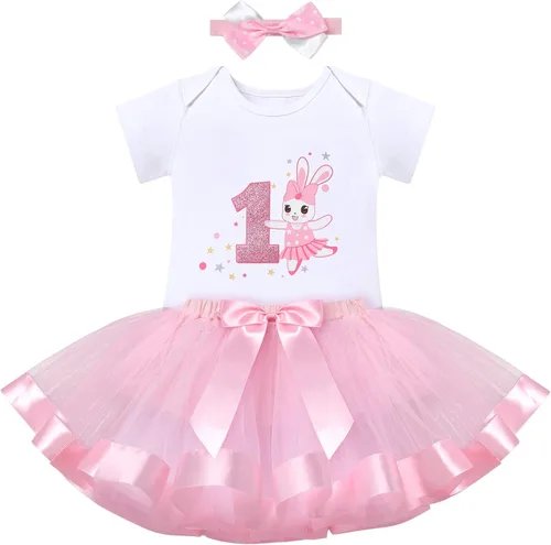 IBTOM CASTLE Kids Bunny 1st Birthday Cake Smash Outfit for Baby Girl Princess Romper & Tutu Skirt & Headband 3PCS Photo Prop