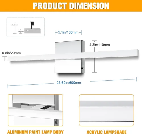 Vista 4 de NIORSUN Lámpara de tocador de baño cromada de 23.6 pulgadas, 14 W, 5 CCT, regulable, accesorios de iluminación LED sobre el espejo, luces de tocador