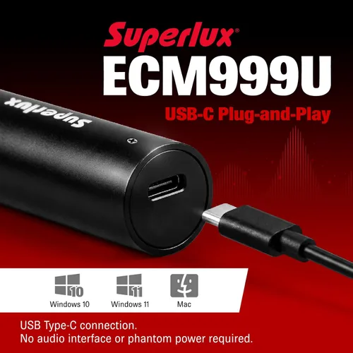 Vista 2 de Superlux ECM999U - Juego de micrófonos de medición USB, micrófono condensador Omni de campo libre para análisis acústico de habitación, prueba