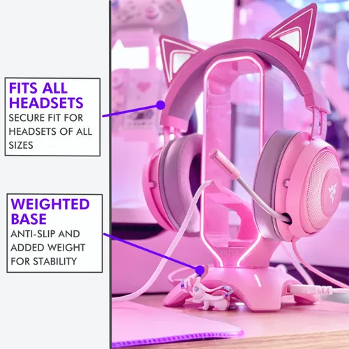 Vista 3 de Tilted Nation Soporte de auriculares RGB para juegos, 3 en 1, soporte de auriculares rosa con elástico para mouse y cargador de concentrador USB