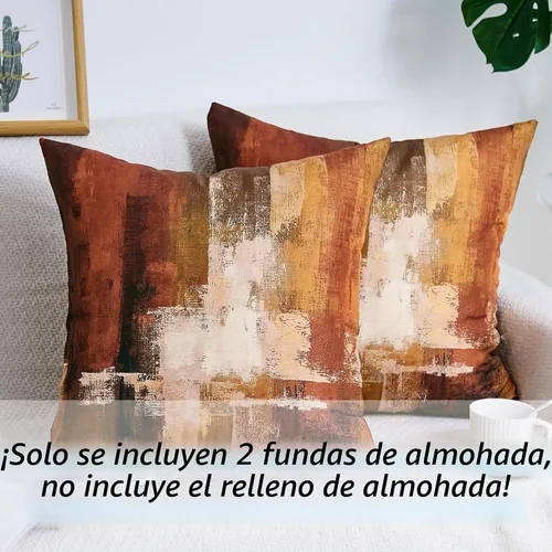 Vista 3 de Naranja Quemada Abstracta 16x16 - Juego de 2 fundas decorativas de almohadón de arte rústico abstracto, fundas cuadradas modernas para sofá de sala
