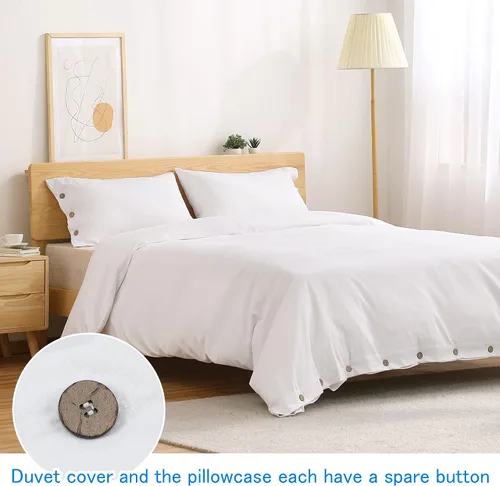 Vista 3 de ATsense Funda de edredón tamaño Queen, 100% algodón lavado, tacto de lino ultrasuave y transpirable, juego de funda de edredón de 3 piezas blanco