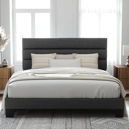 Vista 23 de Allewie Base de cama de plataforma tamaño King con cabecera tapizada de terciopelo y soporte de listones de madera, base de colchón totalmente Negro