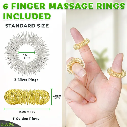 Vista 4 de EcoEarth Juego de masajeador de dedos y manos, 1 rodillo de masaje de doble cara, 6 anillos de masaje para dedos, comodidad de tejido profundo