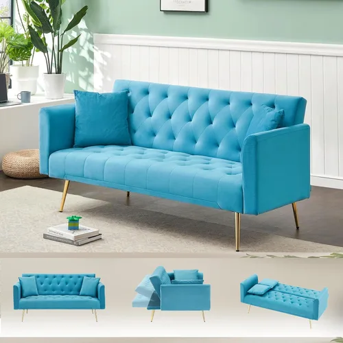 Vista 112 de Sofá cama moderno de terciopelo de 72 pulgadas, sofá cama plegable convertible con 3 respaldos ajustables, sofá biplaza reclinable copetudo