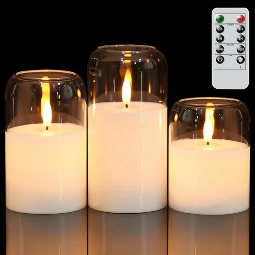 Vista 9 de GenSwin - Velas LED sin llama de cristal transparente que funcionan con batería, con control remoto de 10 teclas y temporizador, velas de cera real