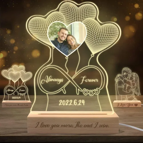 Vista 8 de Luz nocturna de ilusión 3D personalizada, lámpara de nombre personalizada, placa de luz acrílica con corazón LED, soporte grabado de madera