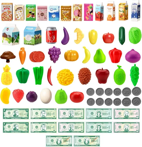 Vista 5 de Jovow Set de Juguetes de Carrito de Compras de 102 Piezas para Niños con Comida y Accesorios de Simulación, Perfecto para Edades de 3+