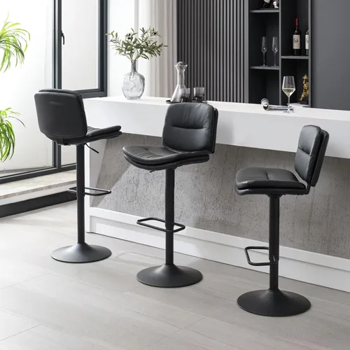 Vista 36 de Juego de 3 taburetes de bar giratorios tapizados de doble capa con respaldo, taburete de bar ajustable de 24 a 32 pulgadas, taburetes de bar de piel