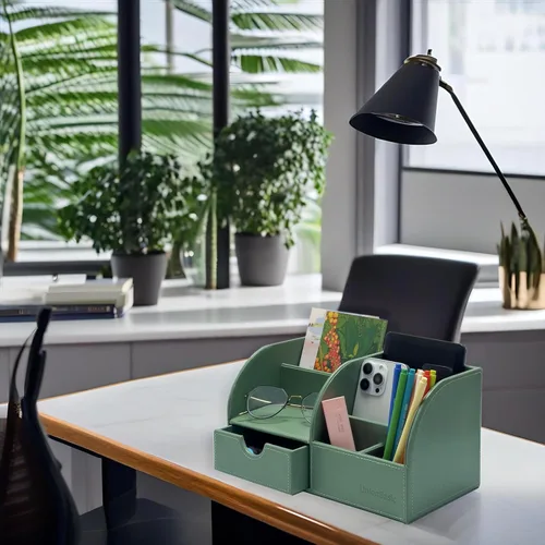 Vista 35 de UnionBasic Organizador de escritorio - Caja de almacenamiento multifuncional de cuero para escritorio con soporte para bolígrafos - Para tarjetas