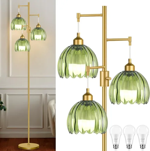 Vista 20 de Lámparas de pie doradas para sala de estar dormitorio - Lámpara de pie de vidrio de 3 luces con tres bombillas LED, lámpara de pie alta rústica