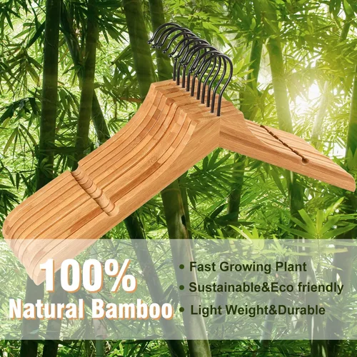Vista 5 de TOPIA HANGER Perchas de madera de bambú, perchas con gancho negro giratorio y nothces de corte liso, juego de 12 perchas de madera duraderas