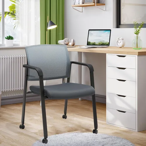 Vista 2 de CLATINA Silla gris para sala de espera con ruedas, respaldo de malla, sillones apilables con asiento de tela tapizado y soporte lumbar ergonómico