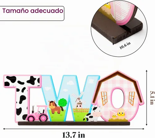 Vista 2 de Haooryx - Centro de mesa de madera con dos animales de granja, color rosa