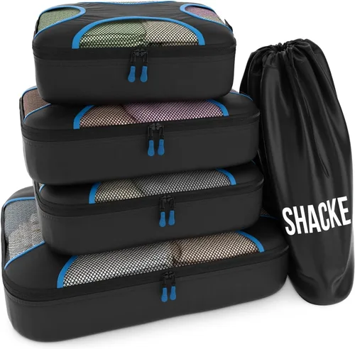Shacke Pak - Organizadores de viaje con bolsa para ropa sucia, juego de 4 cubos para empacar, NegroAzul), SHPK4Set