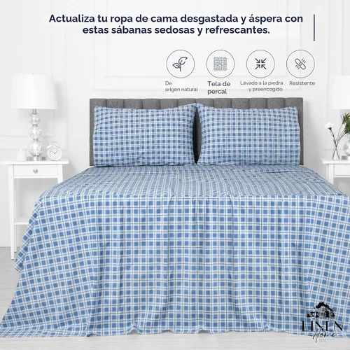 Vista 2 de Linen Home - Juego de sábanas estampadas mezcla de algodón percal y lyocell, prelavadas, individual, 3 piezas, 1 encimera, 1 bajera de bolsillo