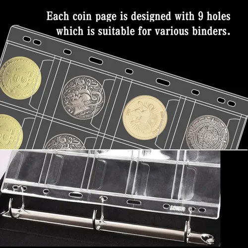 Vista 4 de Páginas de colección de monedas de 10 hojas, página de bolsillo para monedas con 120 bolsillos, fundas para carpetas de monedas con 9 agujeros