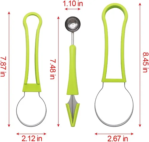 Vista 7 de A-XINTONG - Juego de 2 cucharas de melón de acero inoxidable 4 en 1, cuchara de melón perforada, cortador de sandía multifuncional para tallar